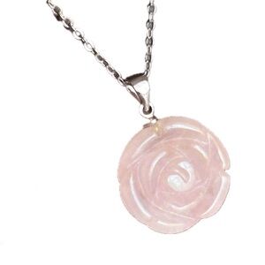 Rose Quarts Genuine Crystal Rose Carving Pendant Silver Necklace